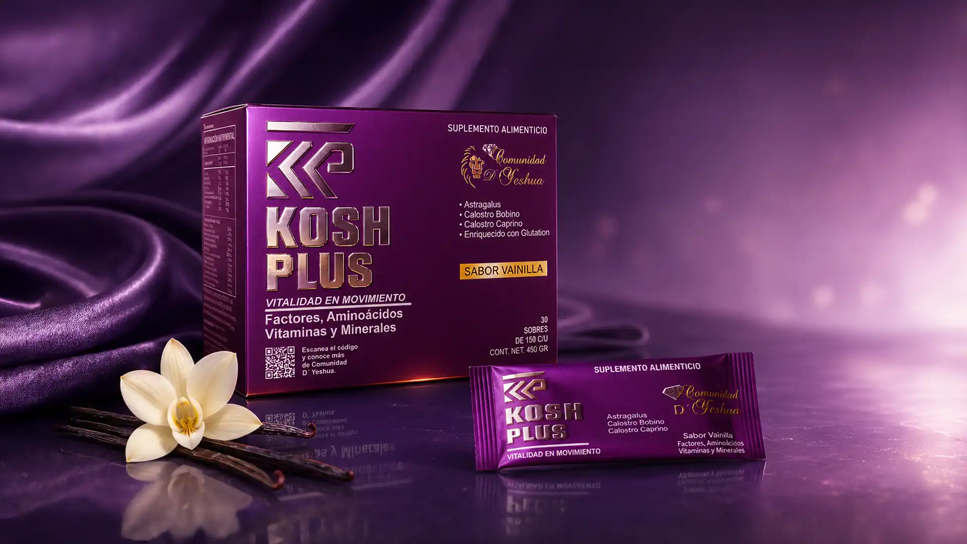 Caja Kosh Plus Colombia y sobre sabor vainilla